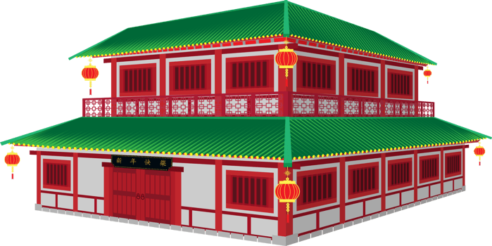 3d chinese 2 storey house with lantern and black sign on center and red white color style png