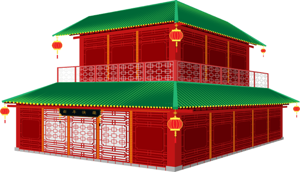 3d chinese 2 storey house red and green rooftop color style png