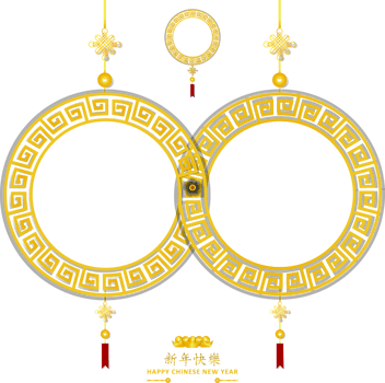 chinese twin circle gold pattern with oriental asia elements and lantern on top and ancient coin png