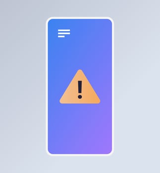 Problem smartphone application software error and technology exclamation mark icon smartphone screen alert warning notification concept horizontal flat vector illustration.