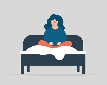 Pregnant wakes up, sits on her cozy bed and wearing pajamas. Woman expecting a baby gets up and touches her belly in the morning. Pregnancy breathing exercise, Positive mood and wellbeing concept. vector