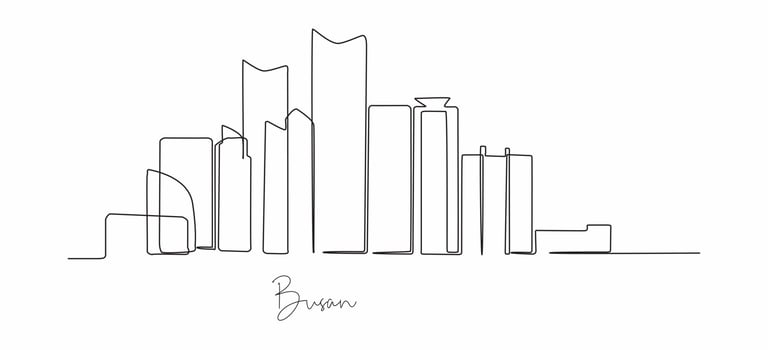 One single line drawing of Busan city skyline. Historical town landscape in the world. Best holiday destination. Editable stroke trendy continuous line draw design vector illustration