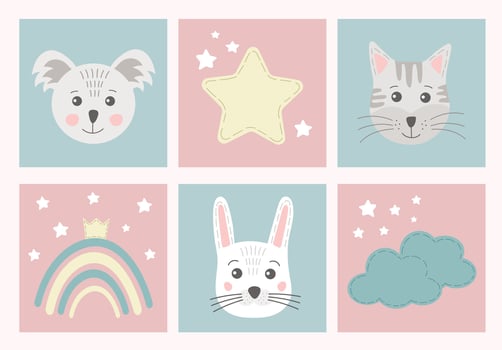 Collection of cute posters with rainbow, star, animal portraits in hand drawn Skandinavian style in pastel collors. Cute simple funny elements and animals for kids, baby, nursery, greeting cards. vector