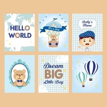 Hot air balloon with cute boy and bear for baby boy nursery room decoration vector