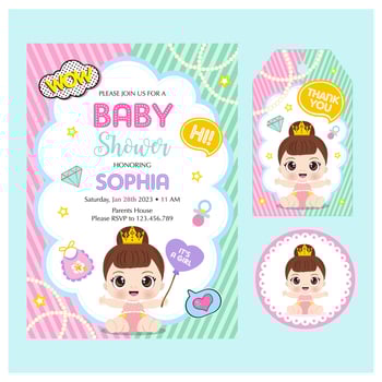 Baby shower invitation set with cute princess vector