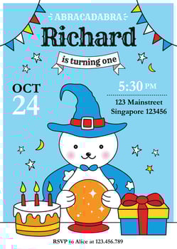 Bear Magician birthday boy invitation with cute bear in magician hat, birthday cake and gift box vector