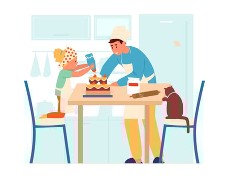 Vector Illustration Of Children In Aprons Making Cake Together In The Kitchen. Older Brother Helps His Little Sister Decorate Cake. Flat Design.