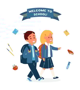 Vector Welcome To School Card With  Smiling Boy And Girl In Uniform With School Bags Surrounded With School Supplies. Back To School. Vector Illustration.