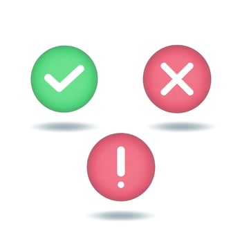Green tick check mark, red cross mark, red  exclamation point  mark symbols icon elements in circle. Simple yes no exclamation graphic design,  symbol accepted and rejected. 3D vector illustration.
