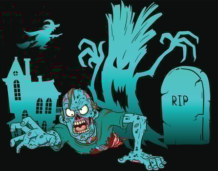 Scary zombie with blood and wound on his body crawling on the cemetery vector