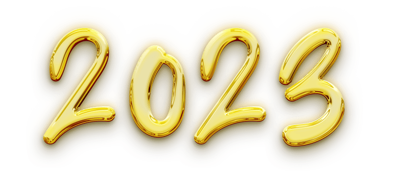 Golden volumetric 3D Text of the inscription 2023 isolated cut out png