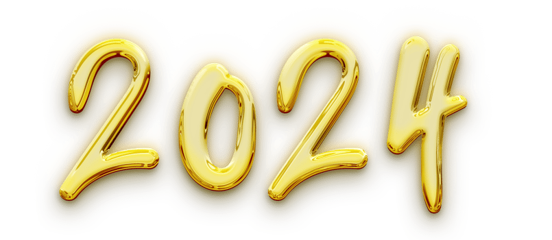 Golden volumetric 3D Text of the inscription 2024 isolated cut out png