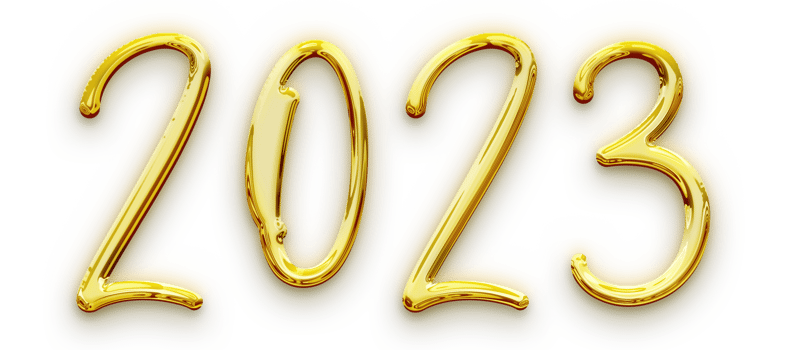 Golden volumetric 3D Text of the inscription 2023 isolated cut out png