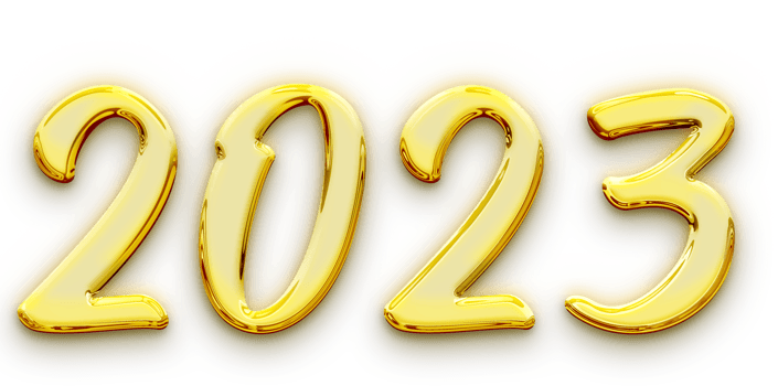 Golden volumetric 3D Text of the inscription 2023 isolated cut out png