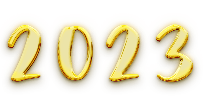 Golden volumetric 3D Text of the inscription 2023 isolated cut out png