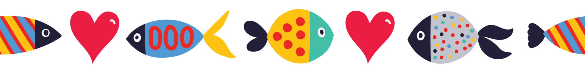 Vector seamless horizontal border with fish and love.
