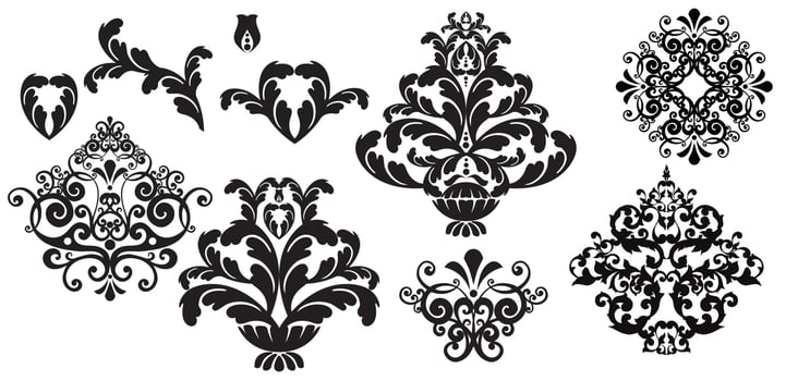 Vector damask vintage baroque scroll ornament swirl. Victorian monogram heraldic shield swirl. Retro floral leaf pattern border foliage antique  acanthus calligraphy engraved tattoo.Tile decor element