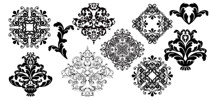 Vector damask vintage baroque scroll ornament swirl. Victorian monogram heraldic shield swirl. Retro floral leaf pattern border foliage antique  acanthus calligraphy engraved tattoo.Tile decor element