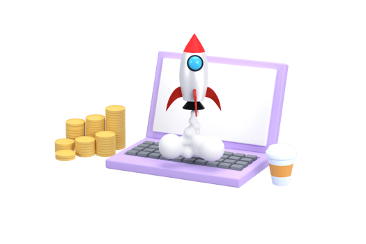 3D. notebook computer and coins, A rocket soared up on sky. concept  business startup. png