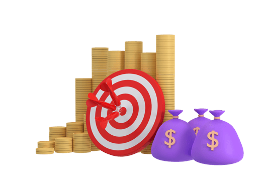 3D. red darts target with a pile of money and a bag of money. financial business concept png
