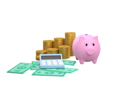 Piggy bank, stacks of coins, banknotes and calculators. savings and investment ideas png