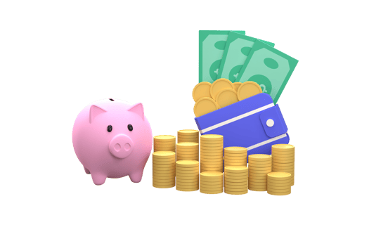 Banknotes and coins in wallet with piggy bank. savings idea. png