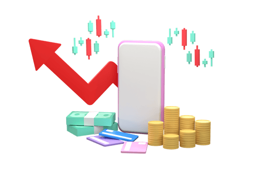 Smartphone screen, stock chart and coins, credit card. Business Financial online. png