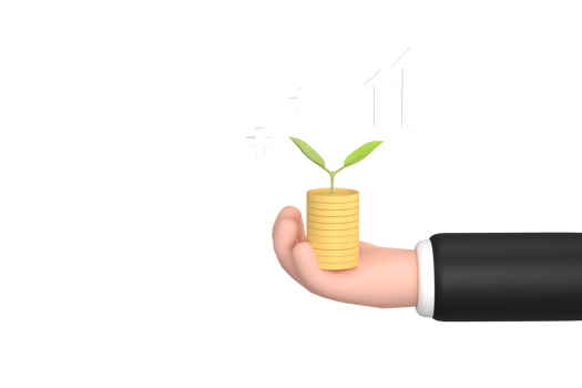 Cartoon businessman in a business suit holding a pot with a growing money tree holding a pile of coins, png