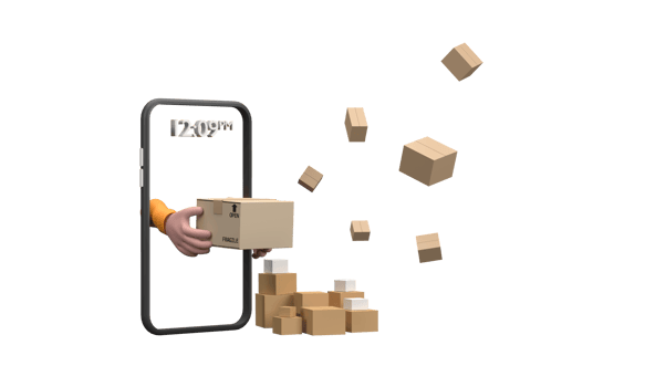 3D. Cartoon courier hand from smartphone in orange holding cardboard box. png