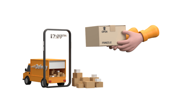 3D. Cartoon express delivery. Courier takes box out of van. Phone with delivery app. png
