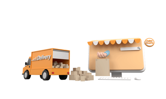 3D Cartoon e-commerce or online shopping concept with hands reaching out of a computer screen png