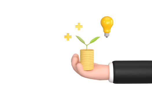 Cartoon businessman in a business suit holding a pot with a growing money tree holding a pile of coins, png
