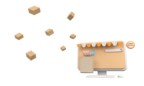 3D Cartoon e-commerce or online shopping concept with hands reaching out of a computer screen png