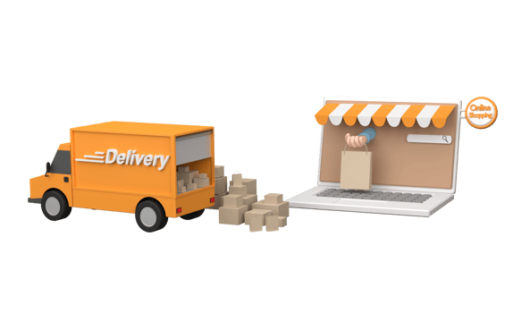 3D Cartoon e-commerce or online shopping concept with hands reaching out of a computer screen png