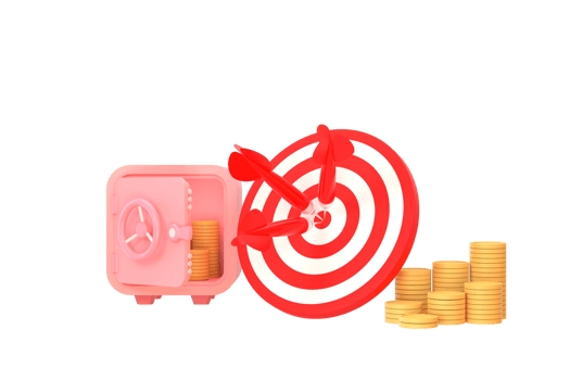 red darts target with a pile of money, safe and a bag of money. financial business concept png