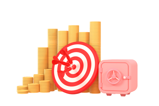 red darts target with a pile of money, safe and a bag of money. financial business concept png