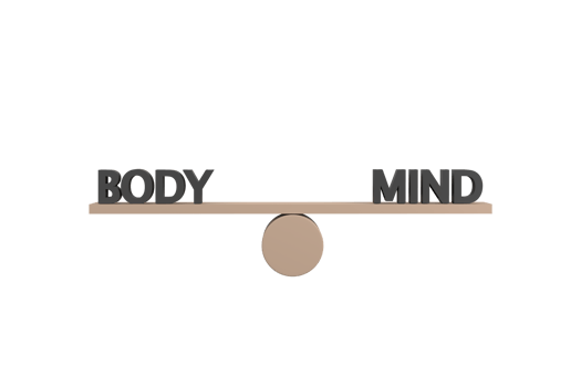 3D. words body and mind on wooden seesaw balancing on white background png