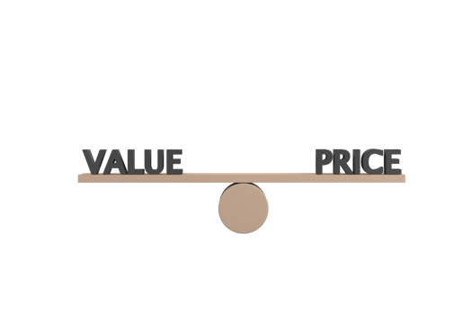 3D. words value and price on wooden seesaw balancing on white background png