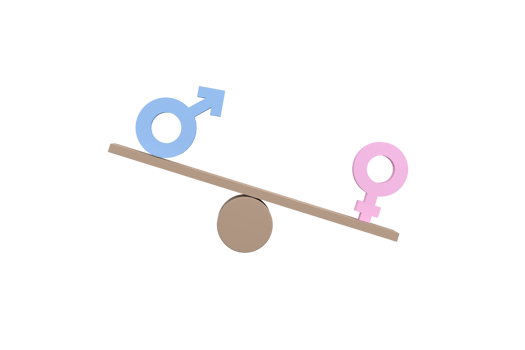 3D. Gender equality concept. Gender symbols unbalancing on wooden seesaw. png