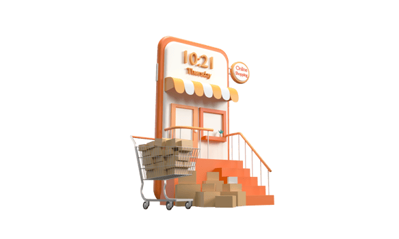 3D. Concept of online shopping with a mobile phone with a cart in the supermarket and parcel box as a component png