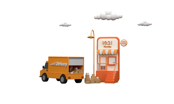 3D. A mobile phone that runs an online store on a podium with parcel boxes and paper bags is a symbol of online selling. png