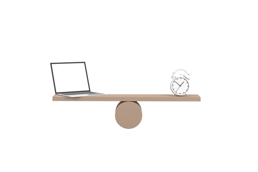 3D. Business management concept. laptop and clock on wooden seesaw balancing on white background png