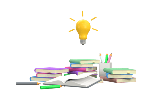 3D. A pile of books, pencils, learning indicates an educational story, and a light bulb represents an idea, learning. png
