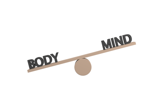 3D. words body and mind on wooden seesaw unbalancing on white background png