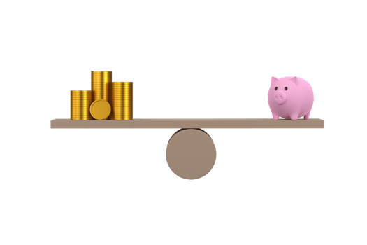 3D. money coins stack and piggy bank on wood seesaw balancing. Saveing concept png