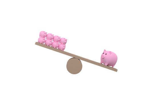 3D. piggy bank on wood seesaw unbalancing. Saveing concept png