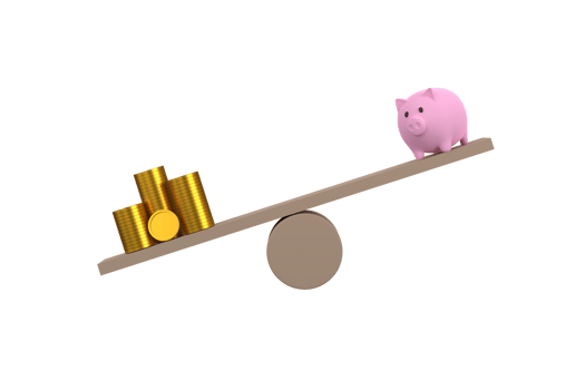 3D. money coins stack and piggy bank on wood seesaw unbalancing. Saveing concept png