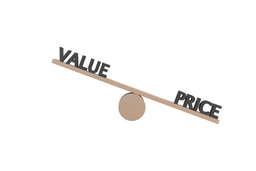 3D. words value and price on wooden seesaw unbalancing on white background png