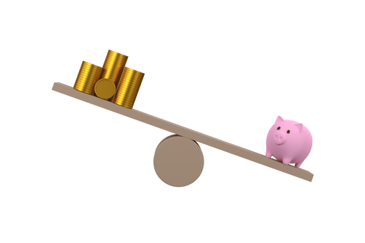 3D. money coins stack and piggy bank on wood seesaw unbalancing. Saveing concept png