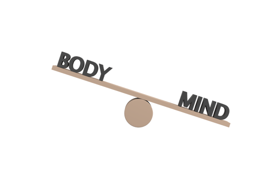 3D. words body and mind on wooden seesaw unbalancing on white background png